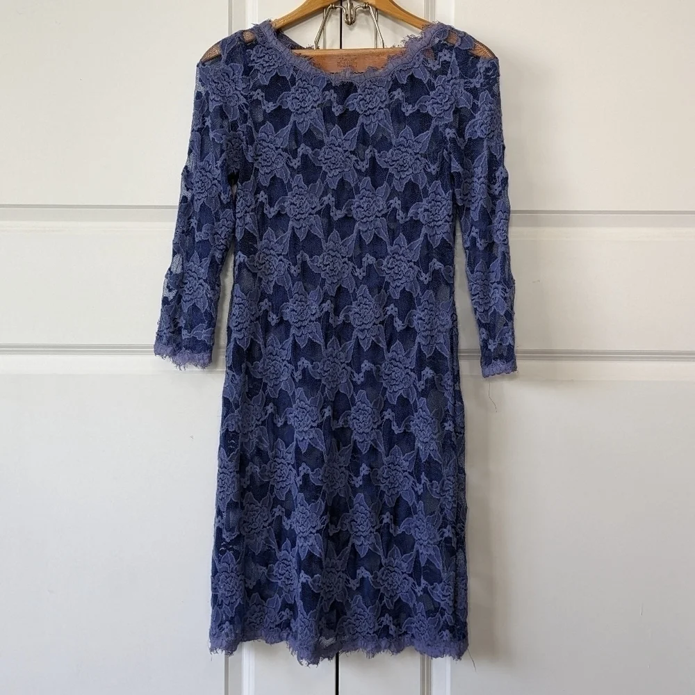 Rebecca Taylor Dress Women's 4 Blue Lace Semi Sheer Long Sleeve Zip Back - Picture 1 of 6